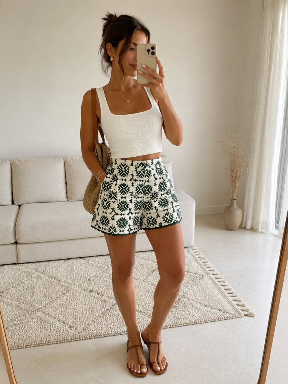 J.ING Embroidered High Waist Boho Shorts XS NWT Cream & Green